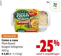 Promoties Come a casa plant-based lasagne bolognese - Come a Casa - Geldig van 11/09/2024 tot 24/09/2024 bij Colruyt