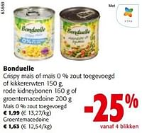 Promoties Bonduelle crispy maïs of maïs 0 % zout toegevoegd of kikkererwten, rode kidneybonen of groentemacedoine - Bonduelle - Geldig van 11/09/2024 tot 24/09/2024 bij Colruyt