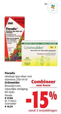 Floradix vloeibaar ijzer-elixer met vitamines of grünwalder bevordert een natuurlijke stoelgang-Huismerk - Colruyt