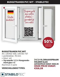 Budgetramen pvc wit 2-vl draaikipraam helder glas