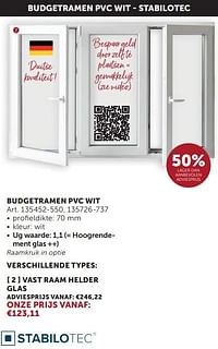 Budgetramen pvc wit vast raam helder glas-Stabilotec