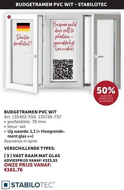 Budgetramen pvc wit vast raam mat glas