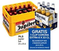 Pils jupiler gratis 1 clip corona extra bij aankoop van 2 bakken jupiler-Jupiler