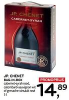 Promoties Jp. chenet bag-in-box cabernet-syrah rood colombard-sauvignon wit of grenache-cinsault rosé - Rode wijnen - Geldig van 11/09/2024 tot 24/09/2024 bij Alvo