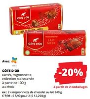 Promotions Mignonnette de chocolat au lait - Cote D'Or - Valide de 12/09/2024 à 25/09/2024 chez Spar (Colruytgroup)