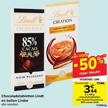 Promoties Chocoladetabletten noir puissant excellence 85% cacao lindt - Lindt - Geldig van 18/09/2024 tot 30/09/2024 bij Carrefour