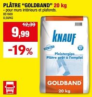 Promotions Plâtre goldband - Knauf - Valide de 11/09/2024 à 22/09/2024 chez Hubo