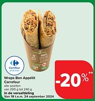 Promoties Wraps bon appétit carrefour -20% - Huismerk - Carrefour Express - Geldig van 18/09/2024 tot 24/09/2024 bij Carrefour Express