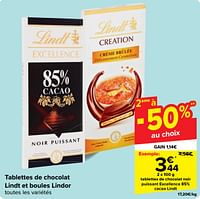 Promotions Tablettes de chocolat noir puissant excellence 85% cacao lindt - Lindt - Valide de 18/09/2024 à 30/09/2024 chez Carrefour