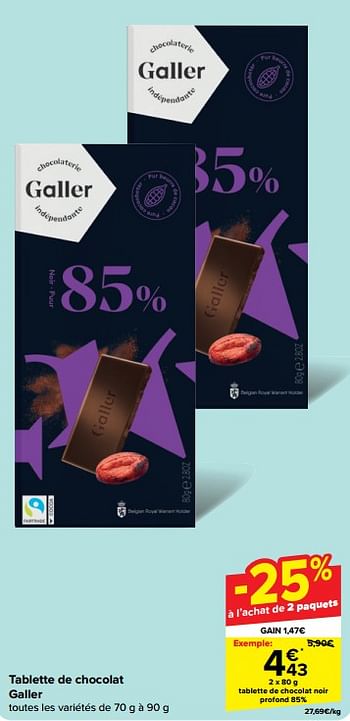 Promotions Tablette de chocolat noir profond 85% - Galler - Valide de 18/09/2024 à 24/09/2024 chez Carrefour