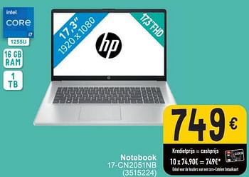 Promoties Hp notebook 17-cn2051nb - HP - Geldig van 17/09/2024 tot 30/09/2024 bij Cora