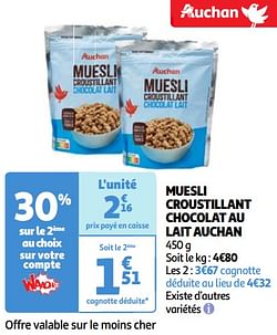 Muesli croustillant chocolat au lait auchan