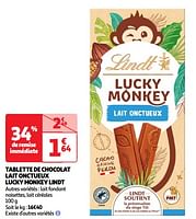 Promoties Tablette de chocolat lait onctueux lucky monkey lindt - Lindt - Geldig van 17/09/2024 tot 23/09/2024 bij Auchan