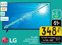 Promotions Lg tv led 43ur74006lb hdmix2 - usbx2 - LG - Valide de 17/09/2024 à 30/09/2024 chez Cora