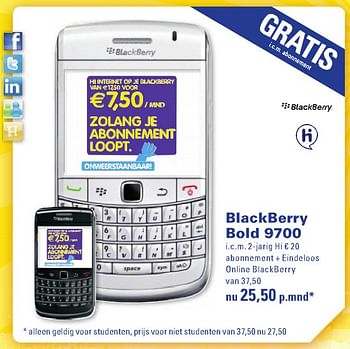 Aanbiedingen Bold 9700 - Blackberry - Geldig van 26/07/2010 tot 29/08/2010 bij T For Telecom