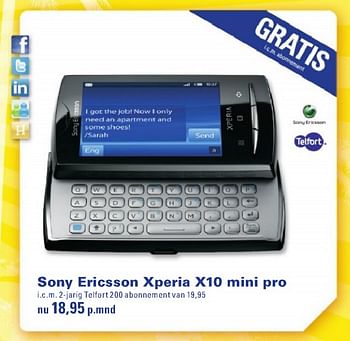 Aanbiedingen Sony Ericsson Xperia x10 mini pro - Sony Ericsson - Geldig van 26/07/2010 tot 29/08/2010 bij T For Telecom