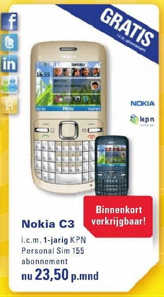 Aanbiedingen Nokia c3 - Nokia - Geldig van 26/07/2010 tot 29/08/2010 bij T For Telecom