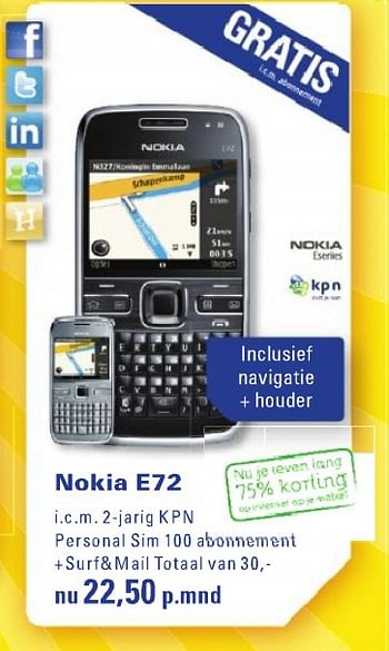 Aanbiedingen Nokia e72 - Nokia - Geldig van 26/07/2010 tot 29/08/2010 bij T For Telecom