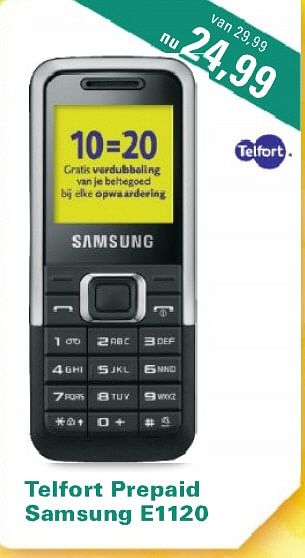 Aanbiedingen Telfort prepaid samsung e1120 - Samsung - Geldig van 26/07/2010 tot 29/08/2010 bij T For Telecom