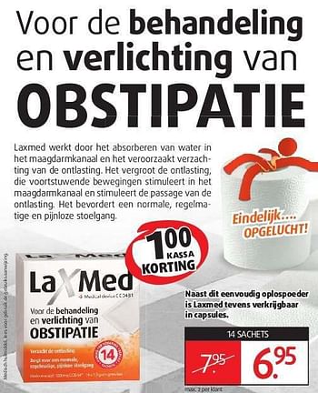 Aanbiedingen Voor de behandeling en verlichting van obstipatie - LaxMed - Geldig van 23/06/2014 tot 24/10/2014 bij De Rode Pilaren