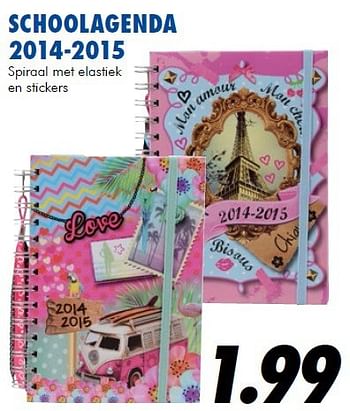 Aanbiedingen Schoolagenda 2014-2015 spiraal met elastiek en stickers - Huismerk - Action - Geldig van 25/06/2014 tot 03/08/2014 bij Action