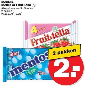 Aanbiedingen Mentos, meller of fruit-tella - Mentos - Geldig van 09/07/2014 tot 15/07/2014 bij Hoogvliet