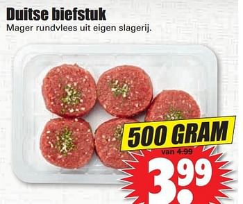 Aanbiedingen Duitse biefstuk mager rundvlees uit eigen slagerij - Huismerk - Dirk - Geldig van 13/07/2014 tot 19/07/2014 bij Lekker Doen
