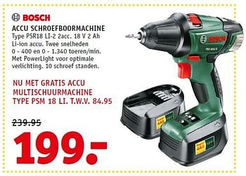 Aanbiedingen Bosch accu schroefboormachine psr18 li-2 2acc - Bosch - Geldig van 14/07/2014 tot 21/07/2014 bij Fixet