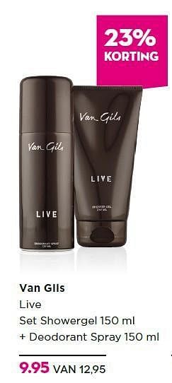Aanbiedingen Van gils live set showergel 150 ml + deodorant spray 150 ml - Van Gils - Geldig van 14/07/2014 tot 01/08/2014 bij Ici Paris XL