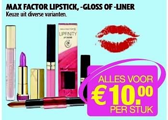 Aanbiedingen Max factor lipstick, -gloss of -liner - Max Factor - Geldig van 15/07/2014 tot 20/07/2014 bij Kruidvat