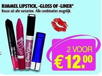 Aanbiedingen Rimmel lipstick, -gloss of -liner - Rimmel - Geldig van 15/07/2014 tot 20/07/2014 bij Kruidvat