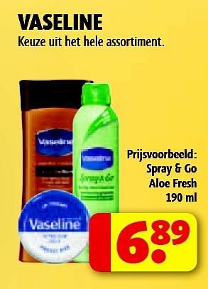 Aanbiedingen Vaseline spray + go aloe fresh - Vaseline  - Geldig van 15/07/2014 tot 20/07/2014 bij Kruidvat