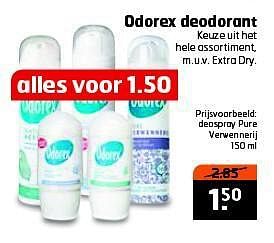 Aanbiedingen Deospray pure verwennerij - Odorex - Geldig van 15/07/2014 tot 27/07/2014 bij Trekpleister