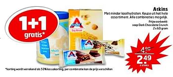 Aanbiedingen Reepdark chocolate crunch - Atkins - Geldig van 15/07/2014 tot 27/07/2014 bij Trekpleister