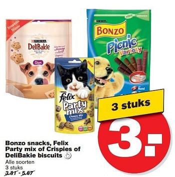 Aanbiedingen Bonzo snacks, felix party mix of crispies - Felix - Geldig van 16/07/2014 tot 22/07/2014 bij Hoogvliet