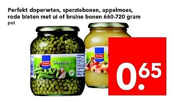 Aanbiedingen Perfekt doperwten, sperziebonen, appelmoes - Perfekt - Geldig van 20/07/2014 tot 26/07/2014 bij Deen Supermarkten