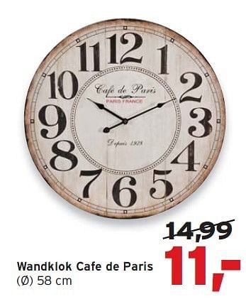 Aanbiedingen Wandklok cafe de paris - Huismerk - Leen Bakker - Geldig van 20/07/2014 tot 02/08/2014 bij Leen Bakker