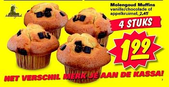 Aanbiedingen Molengoud muffins vanille-chocolade of appelkruimel - Molengoud - Geldig van 21/07/2014 tot 21/07/2014 bij Nettorama