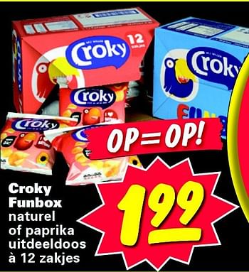 Aanbiedingen Croky funbox naturel of paprika uitdeeldoos à 12 zakjes - Croky - Geldig van 21/07/2014 tot 21/07/2014 bij Nettorama