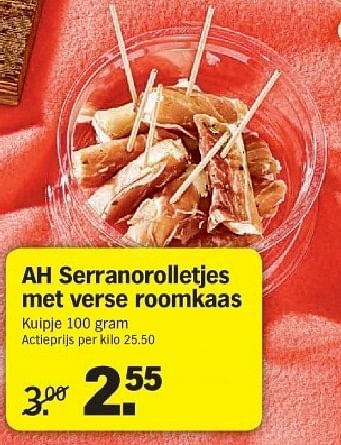 Aanbiedingen Ah serranorolletjes met verse roomkaas - Huismerk - Albert Heijn - Geldig van 21/07/2014 tot 27/07/2014 bij Albert Heijn