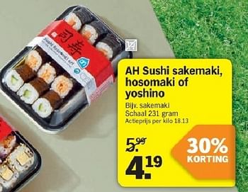 Aanbiedingen Ah sushi sakemaki hosomaki of yoshino - Huismerk - Albert Heijn - Geldig van 21/07/2014 tot 27/07/2014 bij Albert Heijn