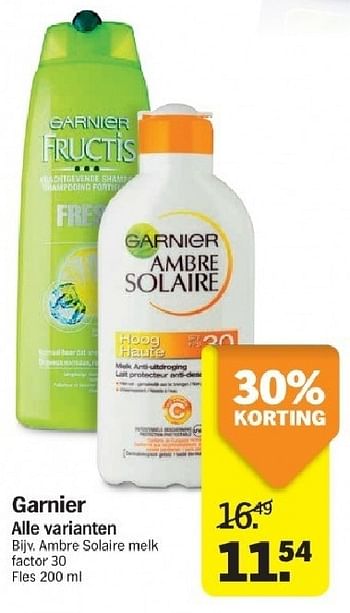 Aanbiedingen Garnier ambre solaire melk factor 30 - Garnier - Geldig van 21/07/2014 tot 27/07/2014 bij Albert Heijn