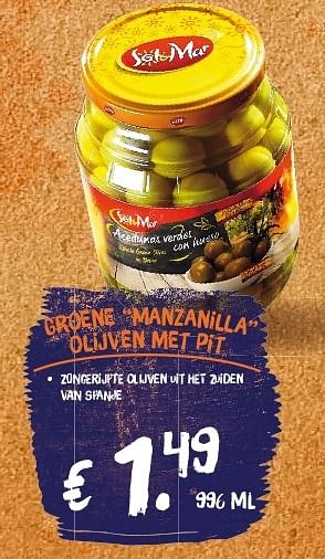 Aanbiedingen Groene manzanilla olijven met pit - Sol &amp; Mar - Geldig van 21/07/2014 tot 27/07/2014 bij Lidl
