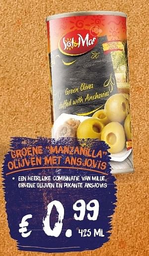 Aanbiedingen Groene manzanilla olijven met ansjovis - Sol &amp; Mar - Geldig van 21/07/2014 tot 27/07/2014 bij Lidl