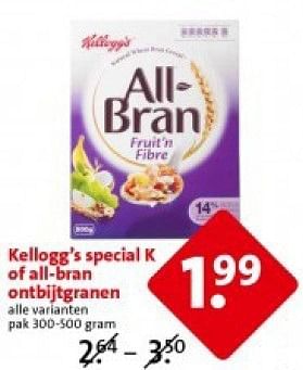 Aanbiedingen Kellogg`s special k of all-bran ontbijtgranen - Kellogg's - Geldig van 21/07/2014 tot 22/07/2014 bij C1000