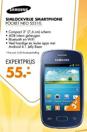 Aanbiedingen Samsung simlockvrije smartphone pocket neo s5310 - Samsung - Geldig van 21/07/2014 tot 27/07/2014 bij Expert