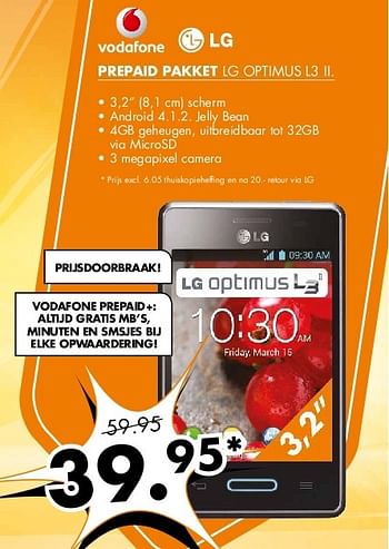 Aanbiedingen Vodafone prepaid pakket lg optimus l3 ii - LG - Geldig van 21/07/2014 tot 27/07/2014 bij Expert