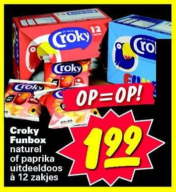 Aanbiedingen Croky funbox naturel of paprika uitdeeldoos à 12 zakjes - Croky - Geldig van 21/07/2014 tot 27/07/2014 bij Nettorama