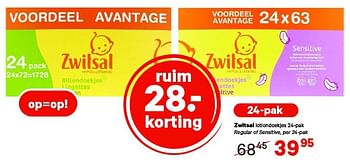 Aanbiedingen Zwitsal lotiondoekjes 24-pak regular of sensitive, per 24-pak - Zwitsal - Geldig van 21/07/2014 tot 03/08/2014 bij Etos