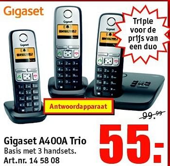Aanbiedingen Gigaset a400a trio - Gigaset - Geldig van 21/07/2014 tot 03/08/2014 bij Kijkshop
